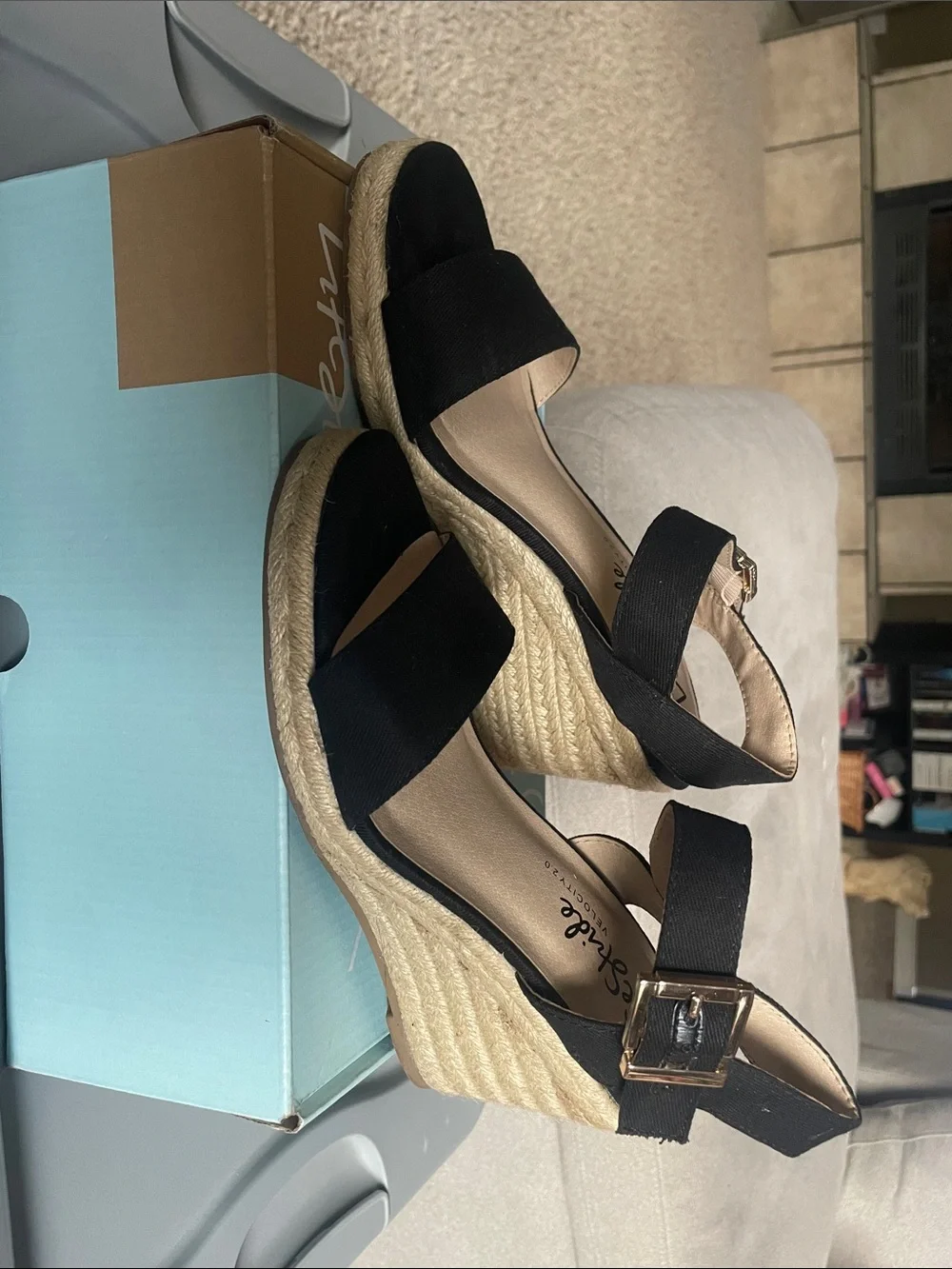 Life Stride Black Canvas Wedge Sandals with Ankle Strap
